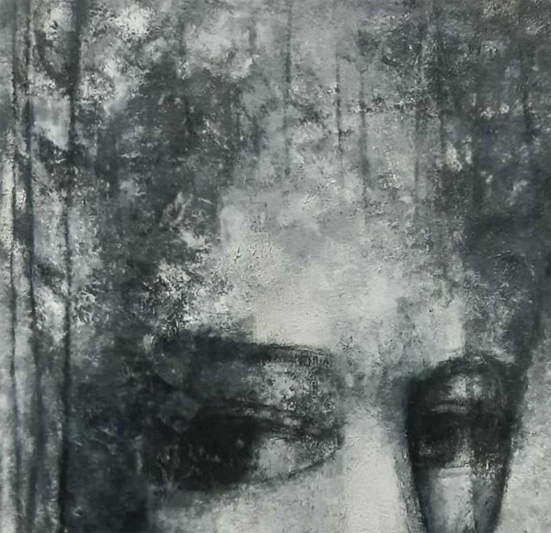 Women, Face, Charcoal on Canvas, Black & White by Indian Artist 