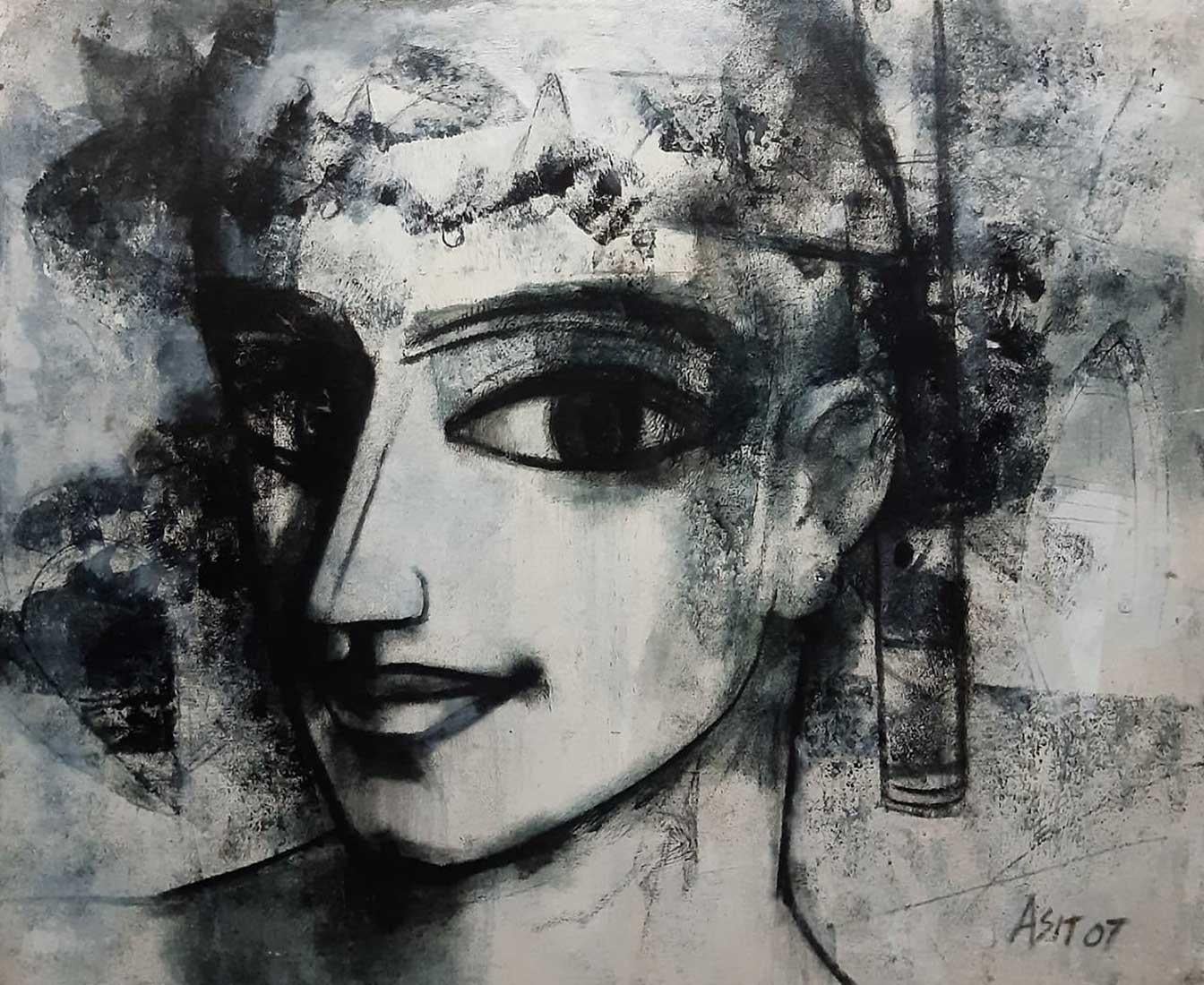 Interior Painting Ashit Sarkar - Femme, visage, anthracite sur toile, noir et blanc de l'artiste indien « en stock »