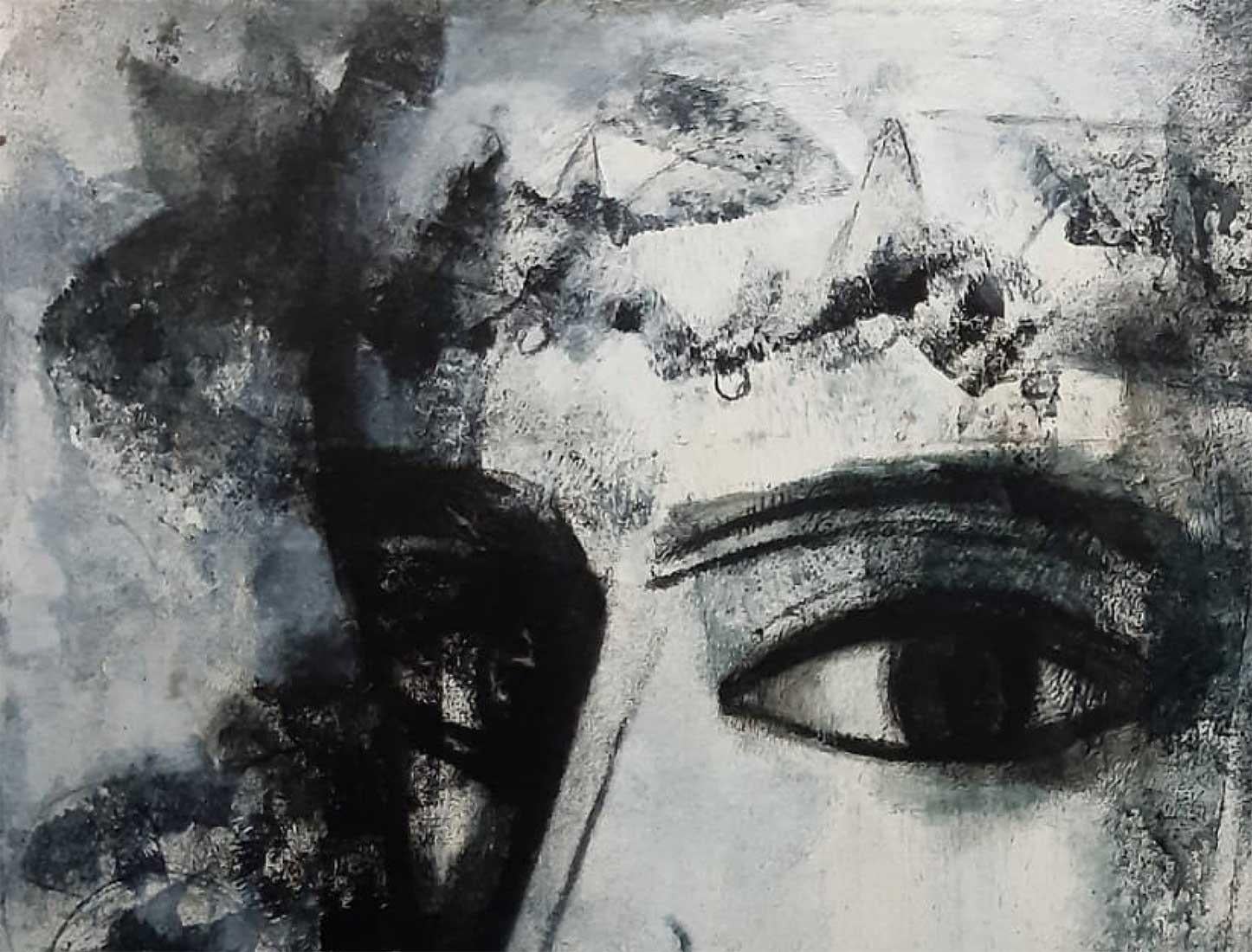 Woman, Face, Charcoal on Canvas, Black & White by Indian Artist 