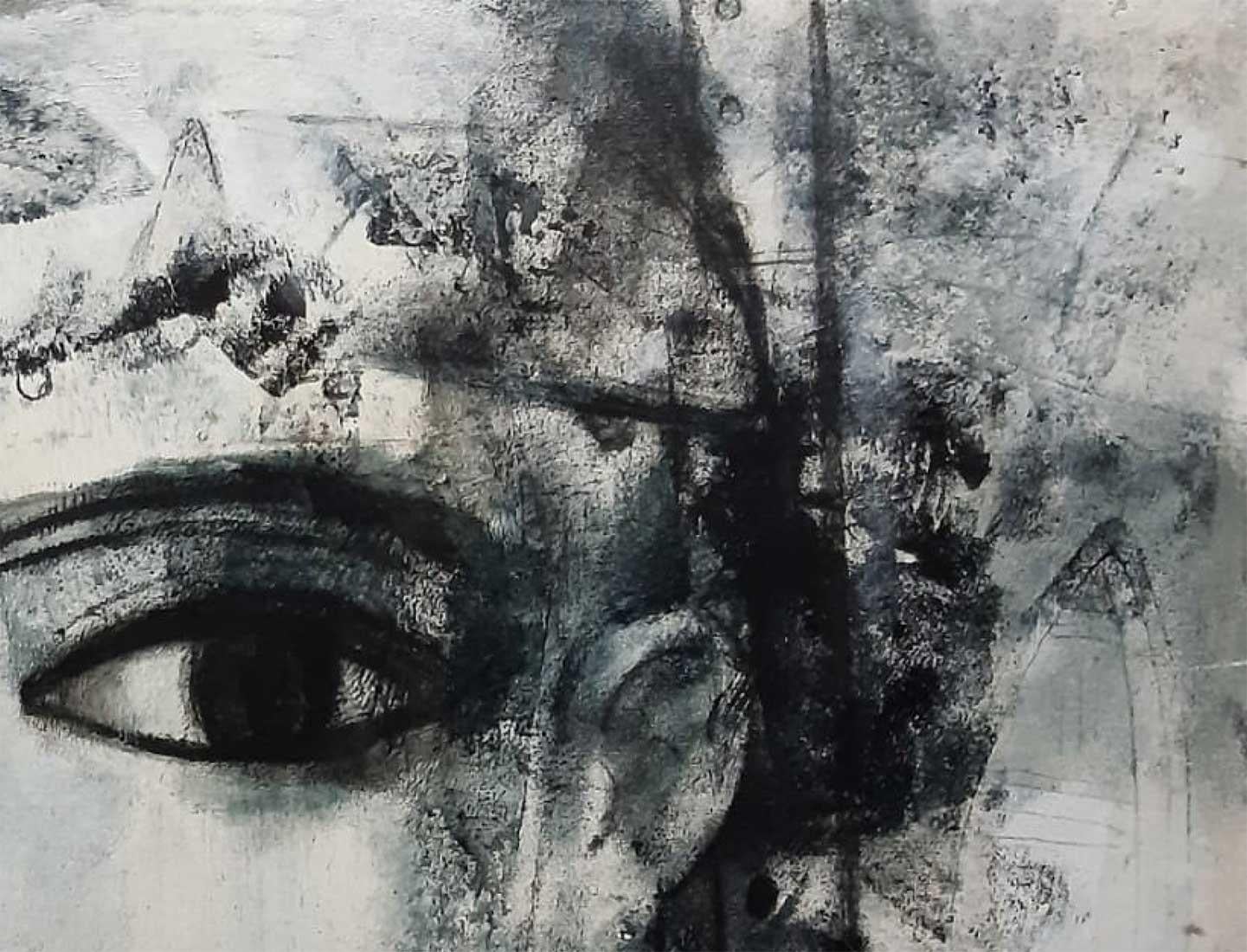 Femme, visage, anthracite sur toile, noir et blanc de l'artiste indien « en stock » - Contemporain Painting par Ashit Sarkar
