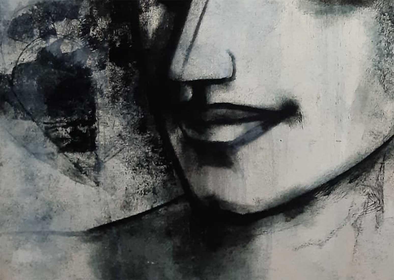 Femme, visage, anthracite sur toile, noir et blanc de l'artiste indien « en stock » - Gris Interior Painting par Ashit Sarkar