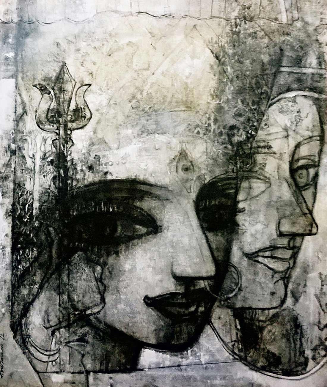 Ashit Sarkar Interior Painting - Devi, Mythology, Charcoal on Canvas, Black & White by Indian Artist "In Stock"