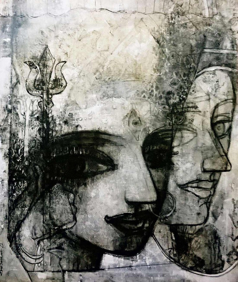Ashit Sarkar Devi Mythology Charcoal On Canvas Black And