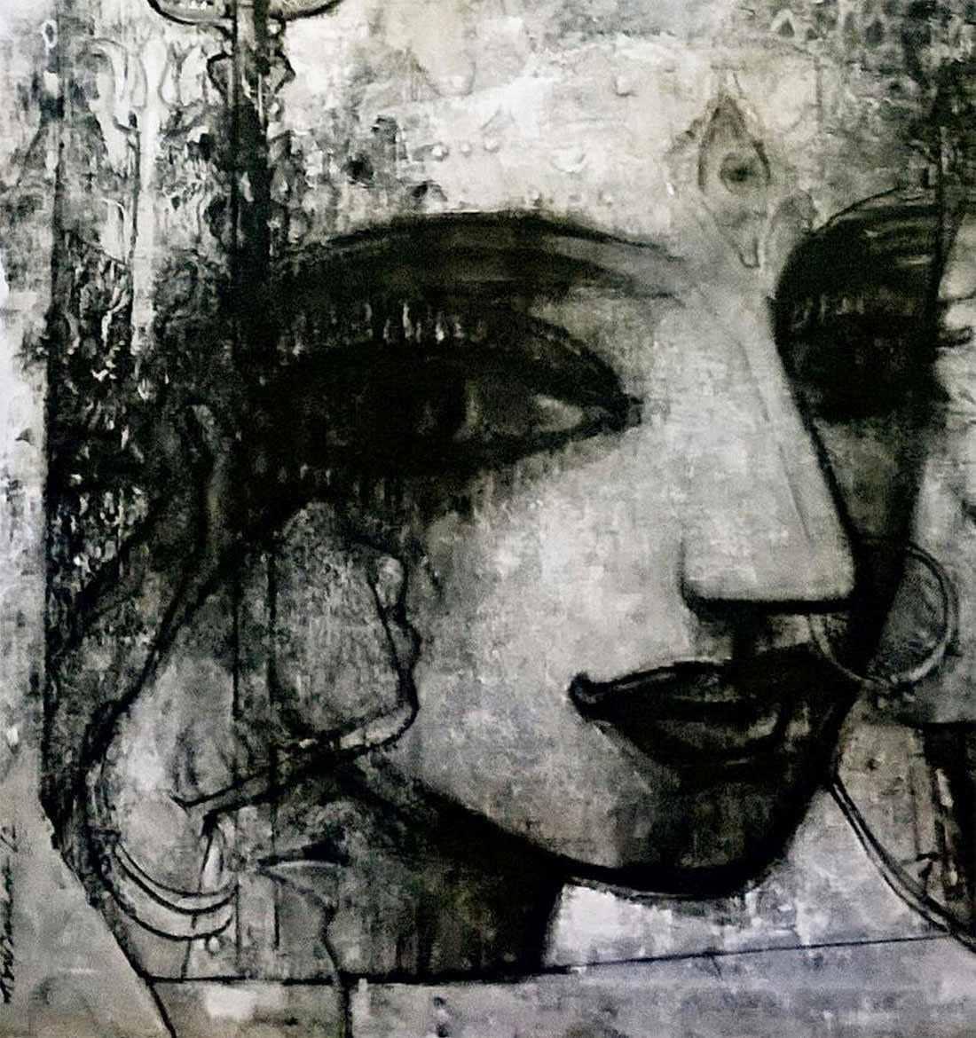 Devi, Mythology, Charcoal on Canvas, Black & White by Indian Artist 