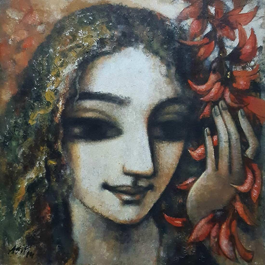 Interior Painting Ashit Sarkar - Femme, visage, acrylique sur toile, rouge, marron, vert par l'artiste indien « en stock »