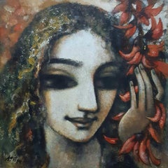 Mujer, Rostro, Acrílico sobre Lienzo, Rojo, Marrón, Verde por Artista Indio "En Stock"