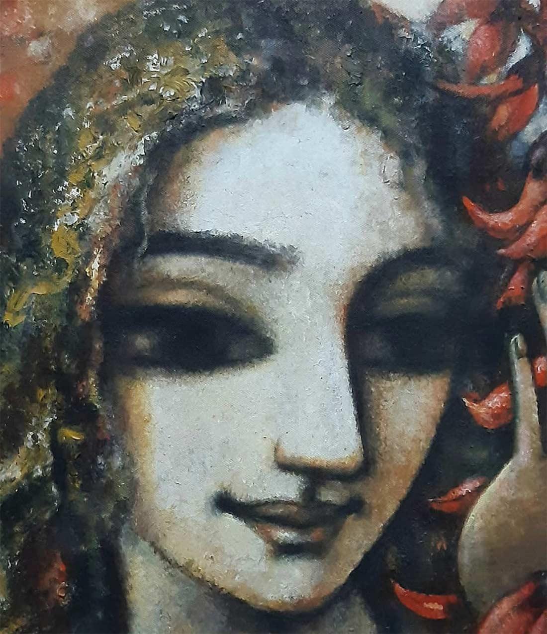 Woman, Face, Acrylic on Canvas, Red, Brown, Green by Indian Artist 
