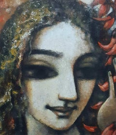 Woman, Face, Acrylic on Canvas, Red, Brown, Green by Indian Artist "In Stock"
