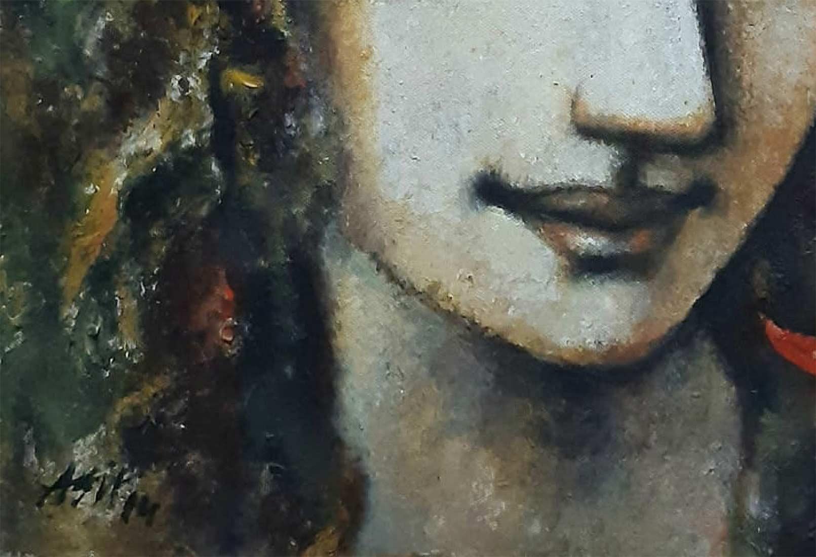 Femme, visage, acrylique sur toile, rouge, marron, vert par l'artiste indien « en stock » - Contemporain Painting par Ashit Sarkar