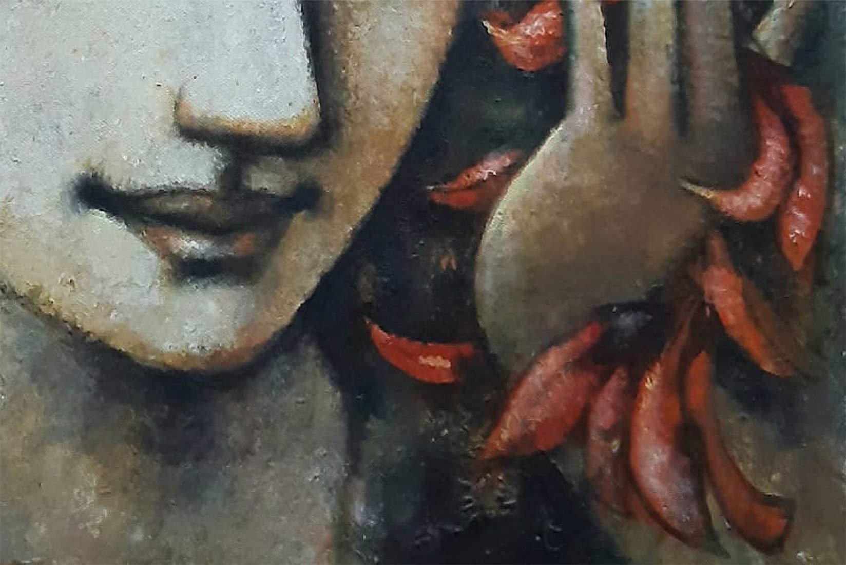 Femme, visage, acrylique sur toile, rouge, marron, vert par l'artiste indien « en stock » - Noir Interior Painting par Ashit Sarkar