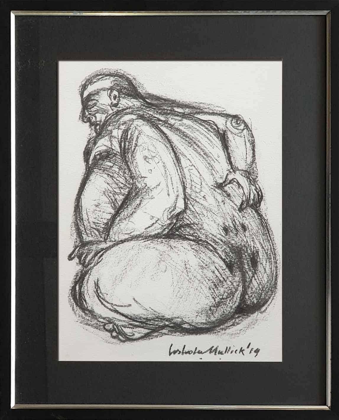 Figurative, Drawing, Charcoal on paper, Black, White by Indian Artist "In Stock"