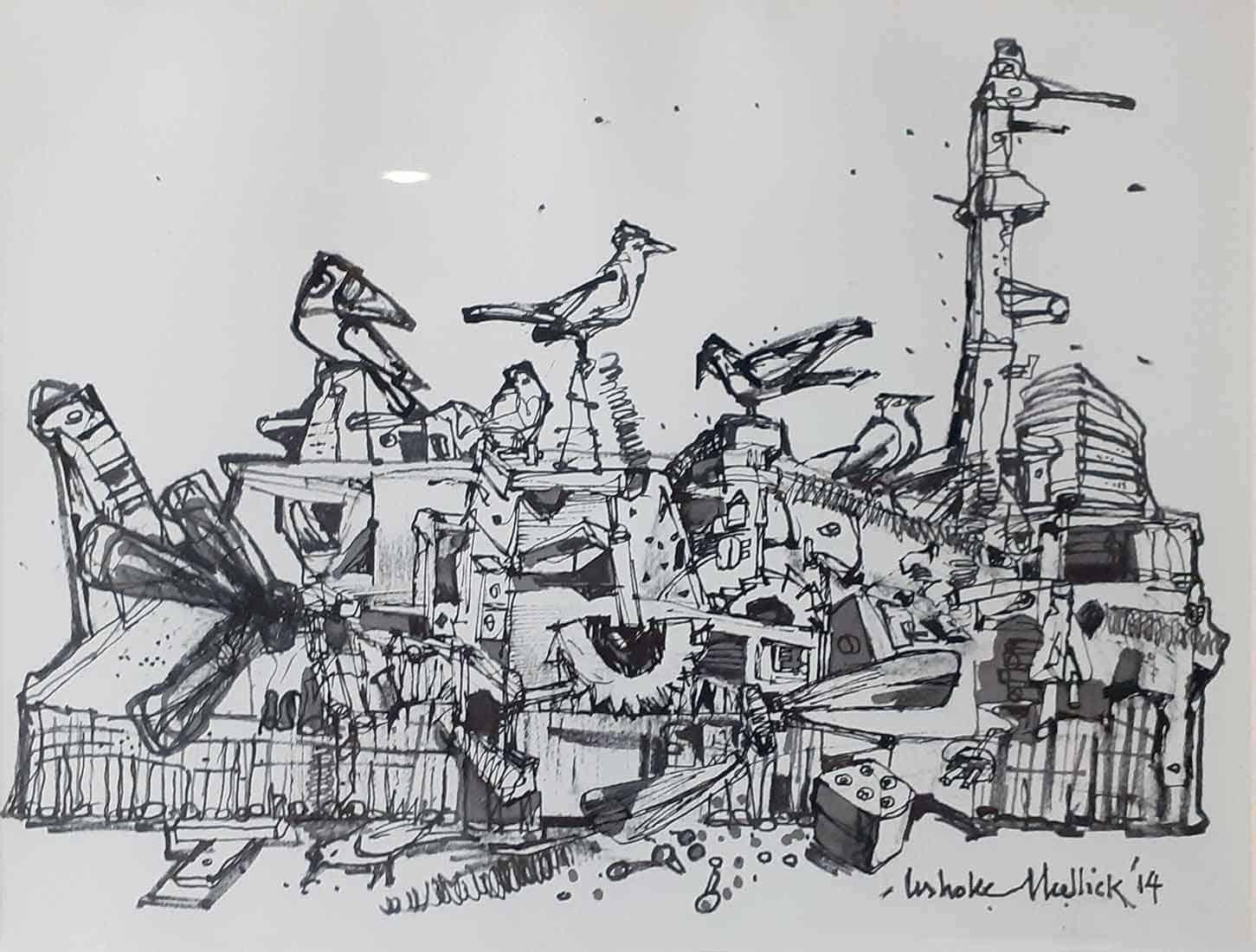 Ashoke Mullick Animal Art - City Life, Drawing, Ink on paper, Black, White by Indian Artist "In Stock"