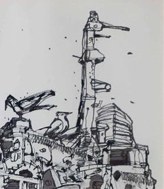 City Life, Drawing, Ink on paper, Black, White by Indian Artist "In Stock"