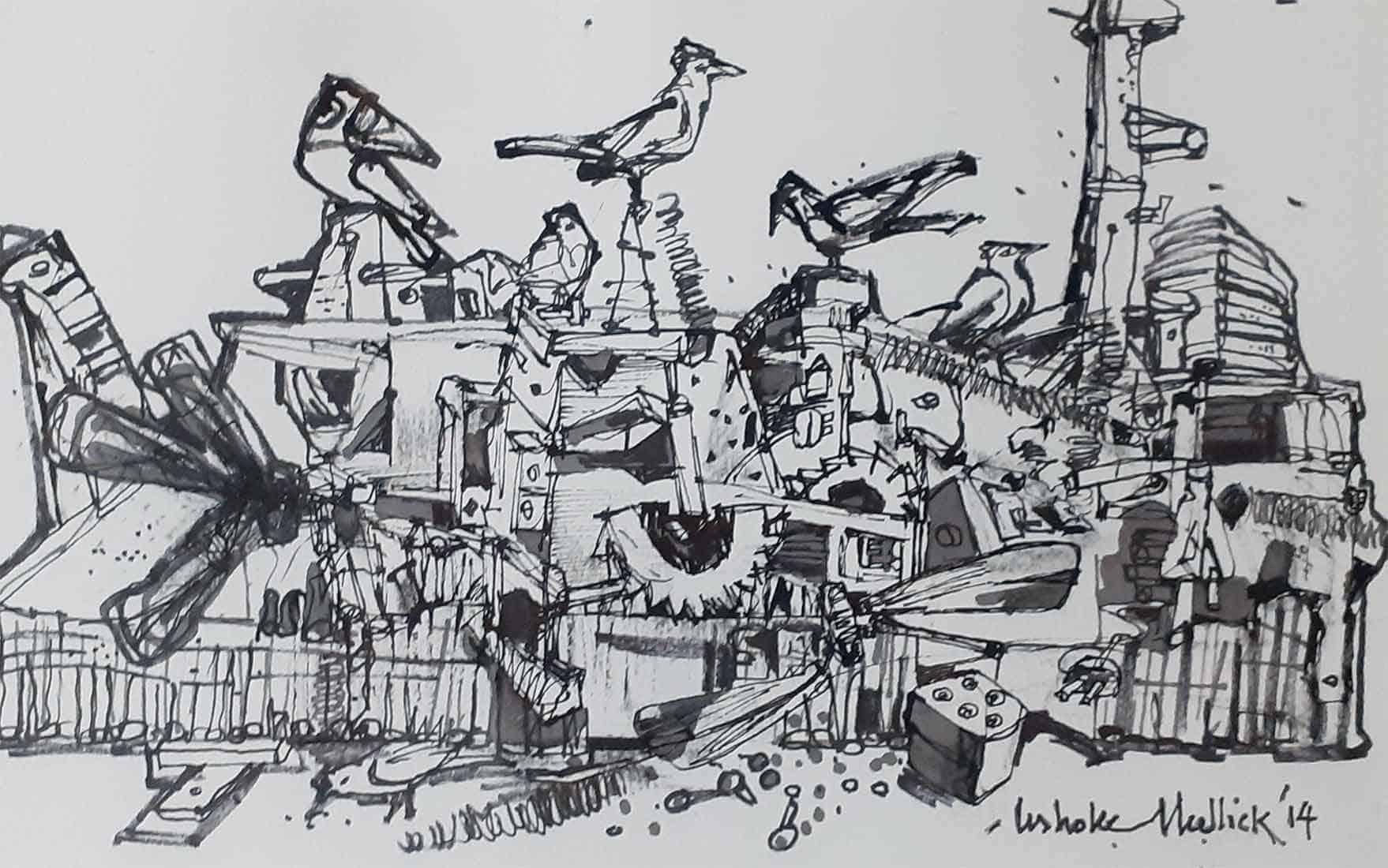 Ashoke Mullick - Sans titre - 9.25 x 12.25 pouces (format non encadré)
Encre sur papier
Comprend l'expédition en rouleau.

Style : Ashoke Mullick est considéré comme l'un des principaux peintres de l'école d'art du Bengale. Condit allie le sens de