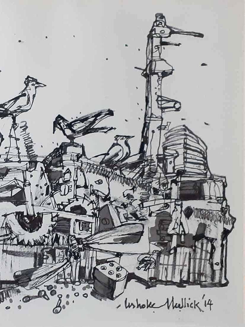Vie citadine, dessin, encre sur papier, noir, blanc par Artistics indiens 