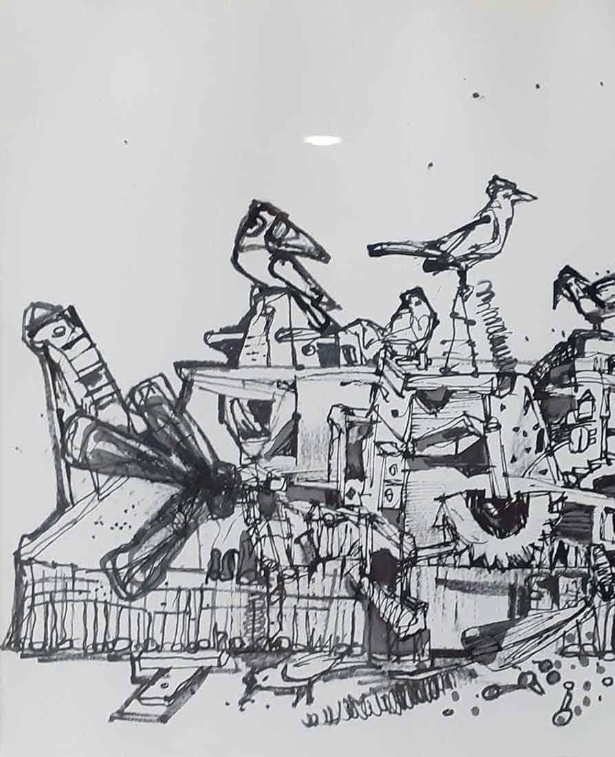 City Life, Drawing, Ink on paper, Black, White by Indian Artist 