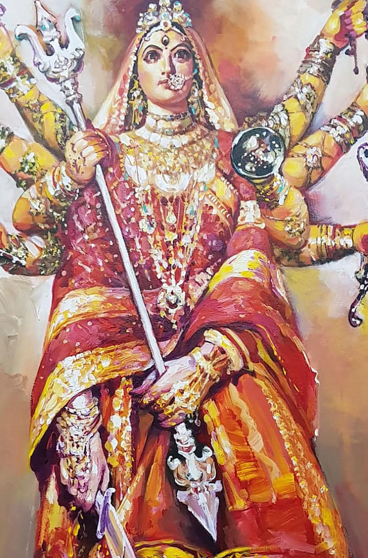 Durga, Ikon, Acrylic on Canvas, Red, Yellow Color by Indian Artist 