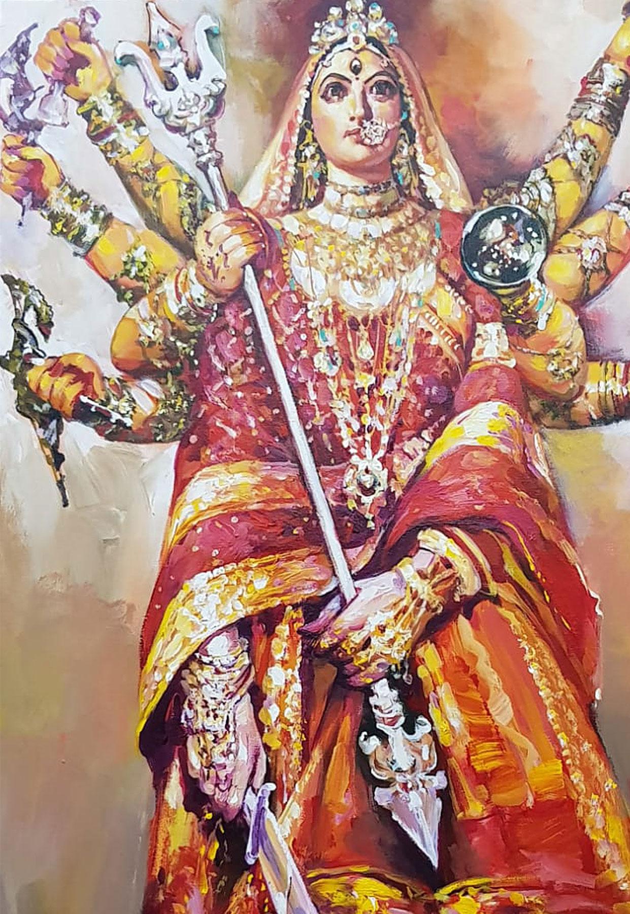 Subrata Gangopadhyay - Durga - 36 x 24 inches (unframed size)
Acrylic on Canvas 
Inclusive of shipment in roll form.

Style : He is widely considered one of India's leading painters in the modern realistic tradition. The strength of his lines and