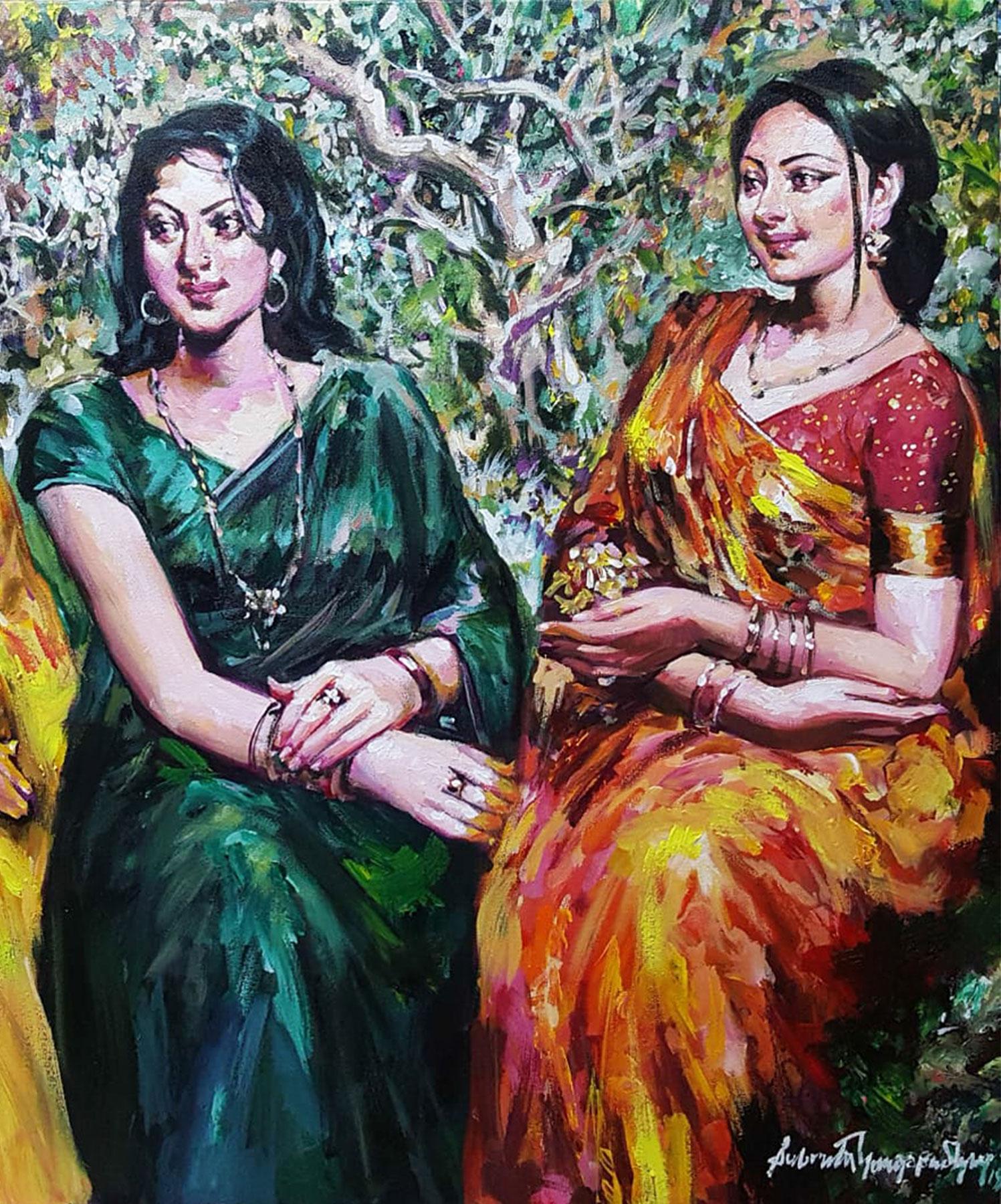 Pettegolezzo di tre donne in giardino, Acrilico su tela, Verde, Rosso, Giallo 