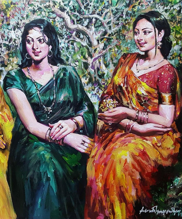 Gossip of Three Women in Garden, Acrylic on Canvas, Green, Red, Yellow