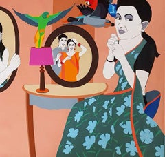 Mirror Couple, Acrylic on Canvas, Painting, Red, Green, Blue Colors "In Stock"