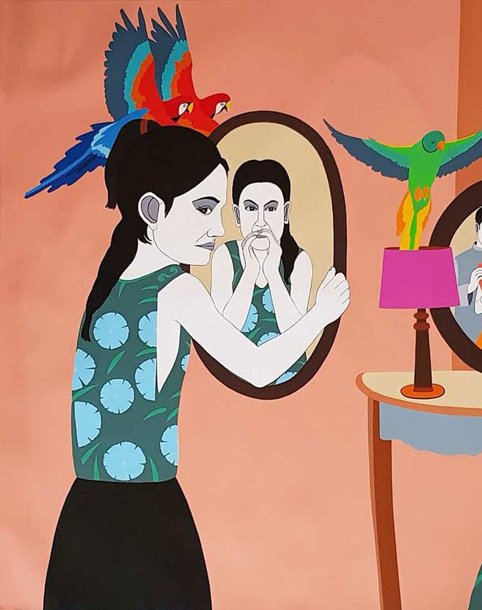 Miroir Couple, Acrylique sur Toile, Peinture, Rouge, Vert, Bleu Couleurs 