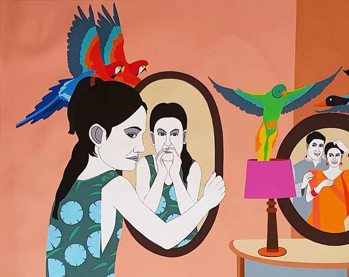 Farhad Hussain - Mirror Couple :  36 x 48 inches (unframed size)
Acrylic on Canvas 
Inclusive of shipment in roll form.

Style : Farhad Hussain's colourful work that includes drawings and watercolours besides paintings on canvas, features day to day