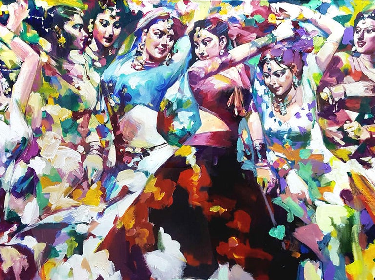 Dandia, Raas, Dancing Women, Acrylic on Canvas, Blue, Red, Green 