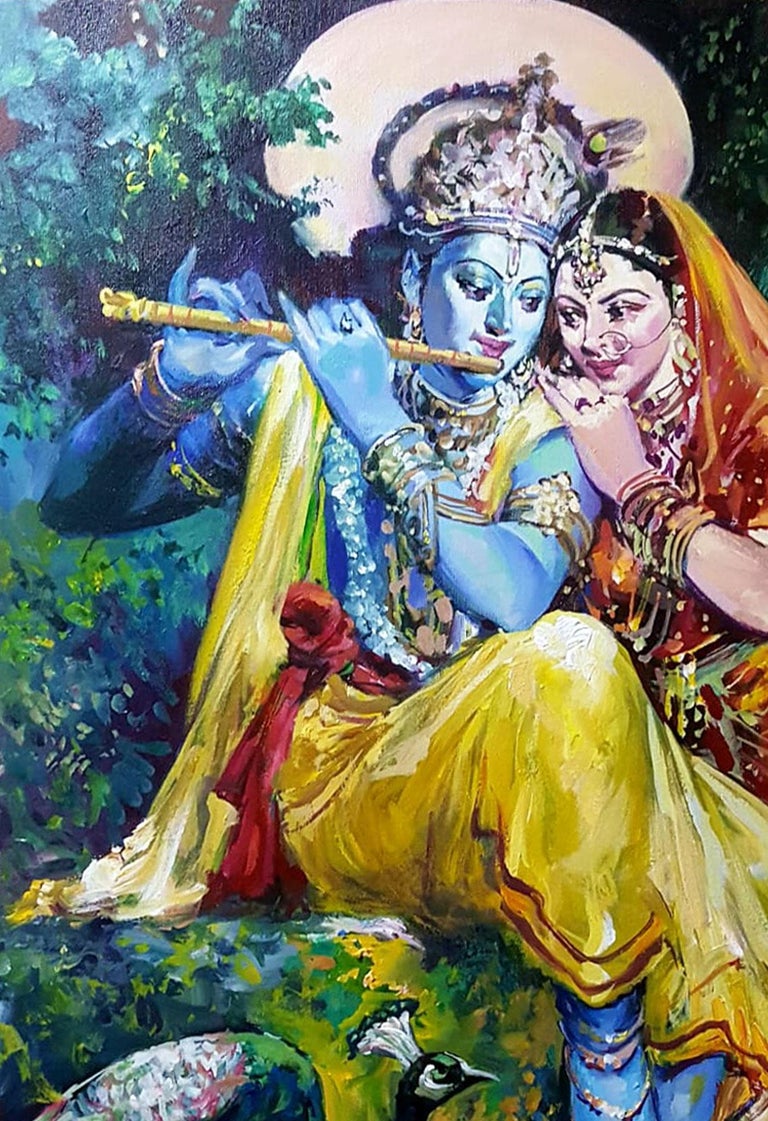 Subrata Gangopadhayay - Krishna and Radha, Romance, Acrylic on Canvas, Red,  Yellow, Green, Blue "In Stock" For Sale at 1stDibs