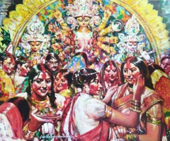 Sindur Khela, Durga Puja, Acrylic on Canvas, Green, Red, Yellow colors"In Stock"