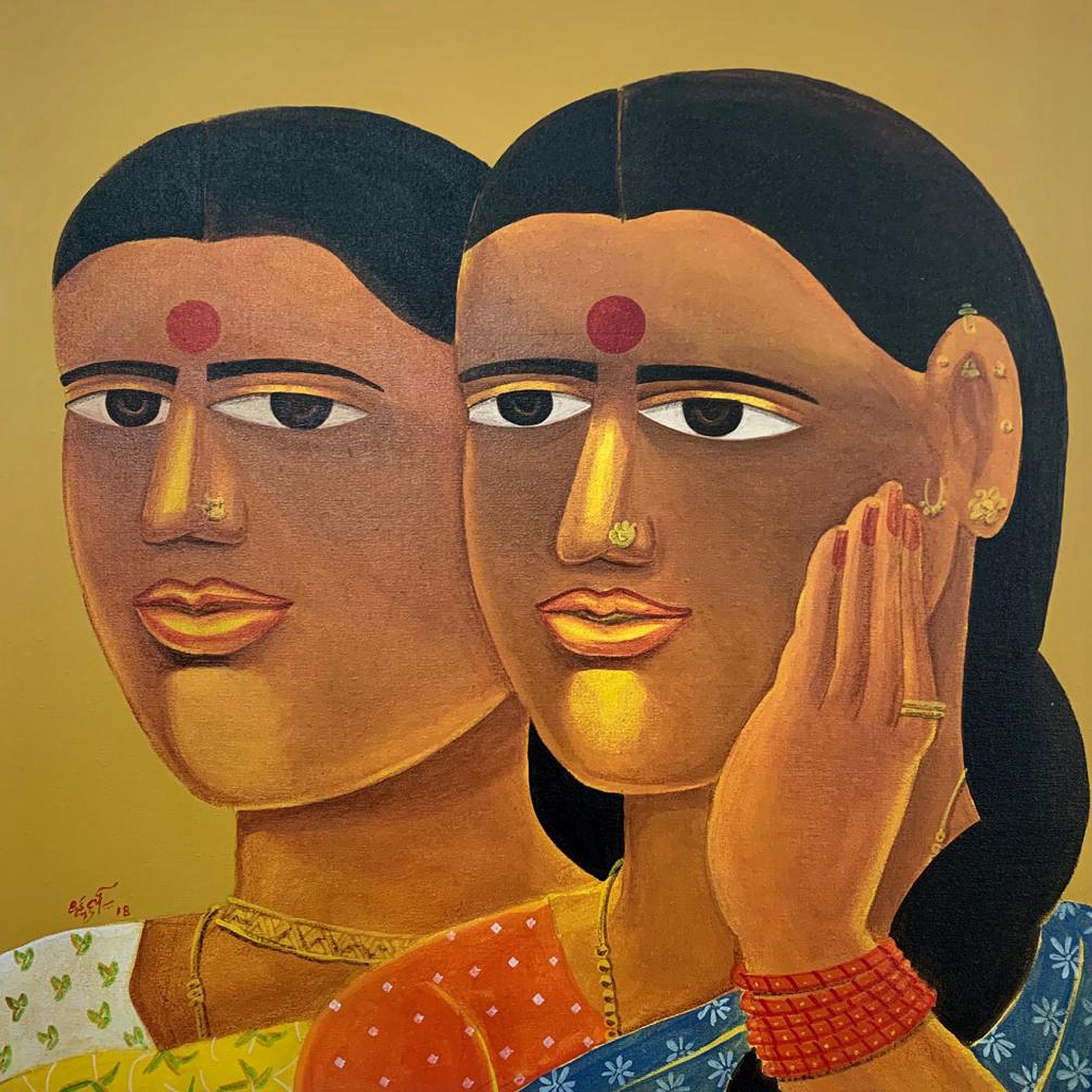 Laxman Aeley Portrait Painting - Telengana Women, Acrylic on Canvas, Red, Brown, Blue by Modern Artist "In Stock"