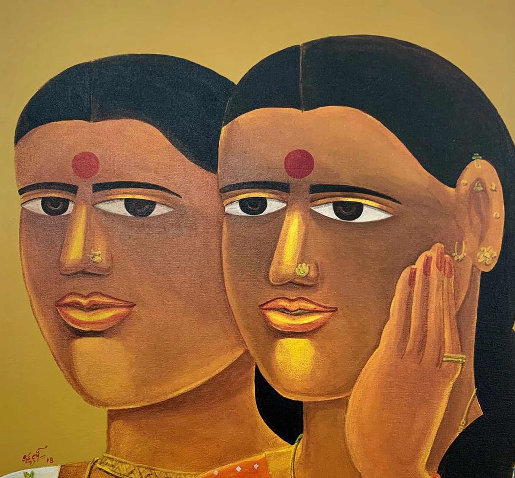 Telengana Women, Acrylic on Canvas, Red, Brown, Blue by Modern Artist 