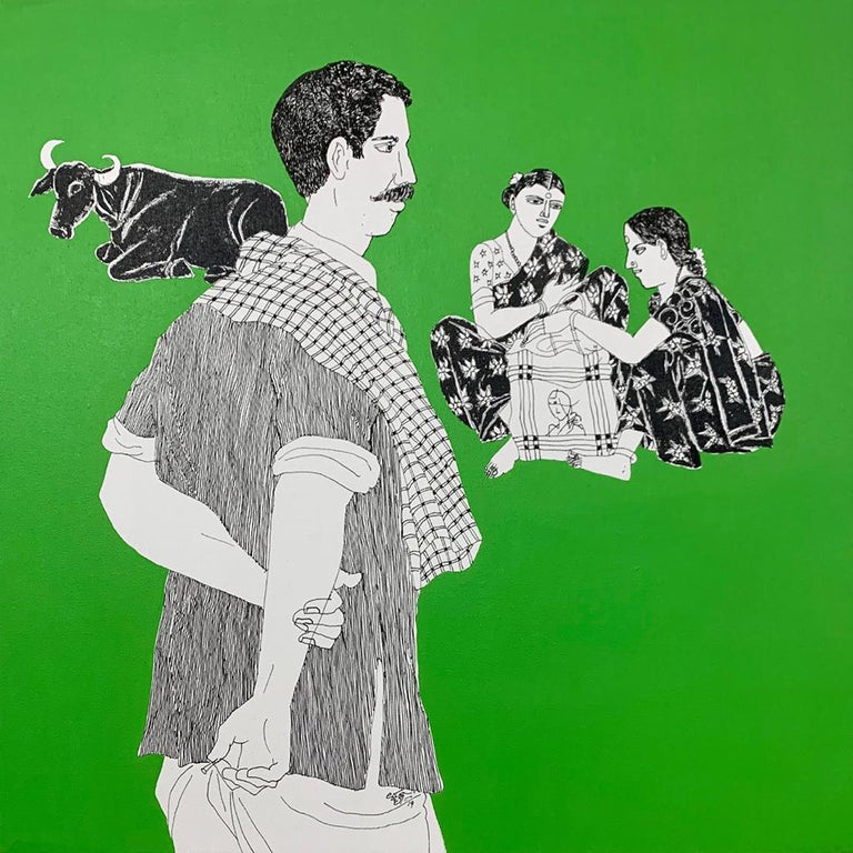 Laxman Aeley Telengana Man And Women Acrylic On Canvas Green