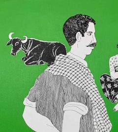 Man et femmes Telengana, acrylique sur toile, vert de l'artiste sud-indien « en stock »