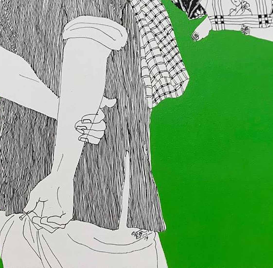 Telengana Man & Women, Acrylic on Canvas, Green by South Indian Artist