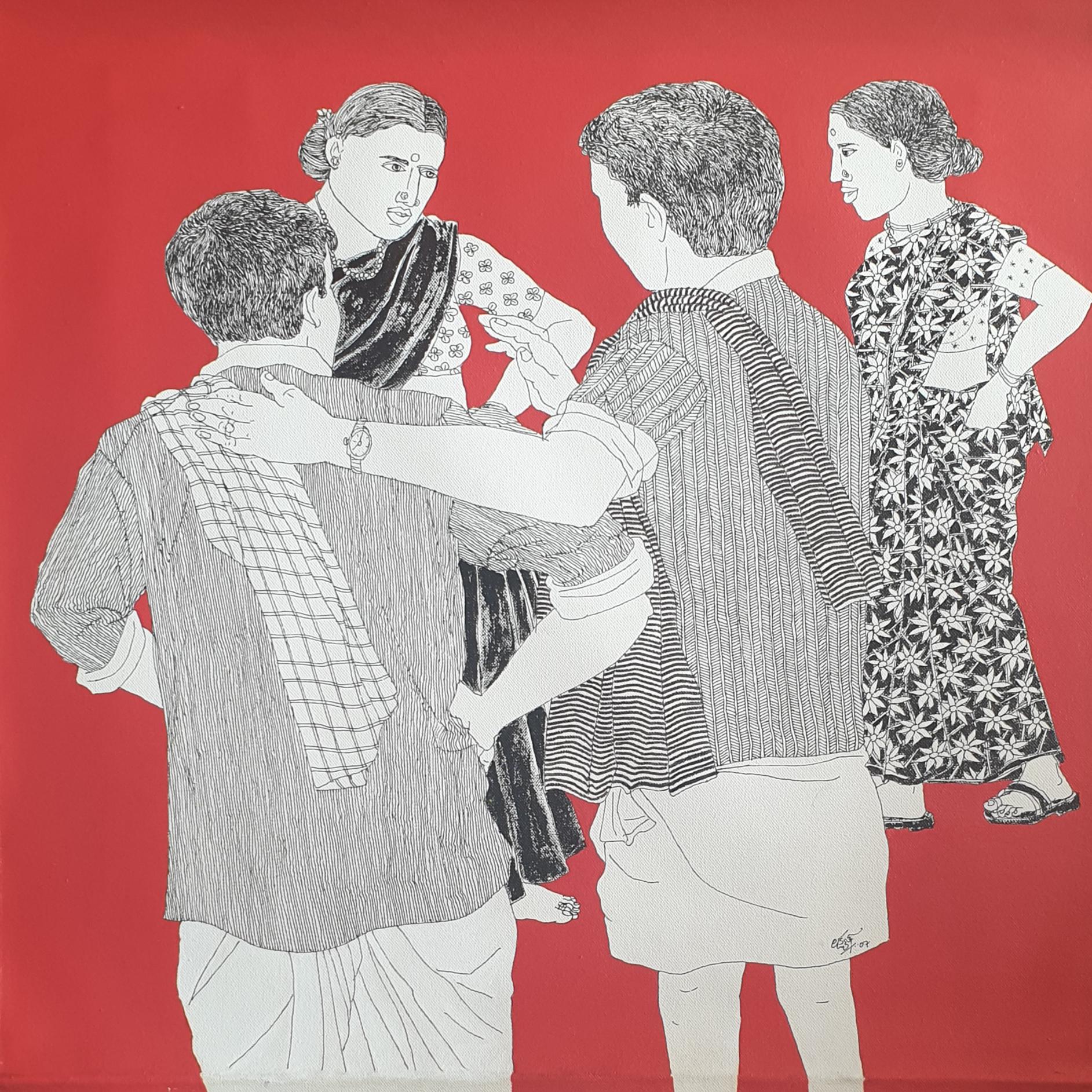 Laxman Aeley Figurative Painting - Telengana Men & Women, Gossip, Acrylic on Canvas, Red by Indian Artist"In Stock"