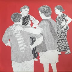 Telengana Men & Women, Gossip, Acrylic on Canvas, Red by Indian Artist"In Stock"