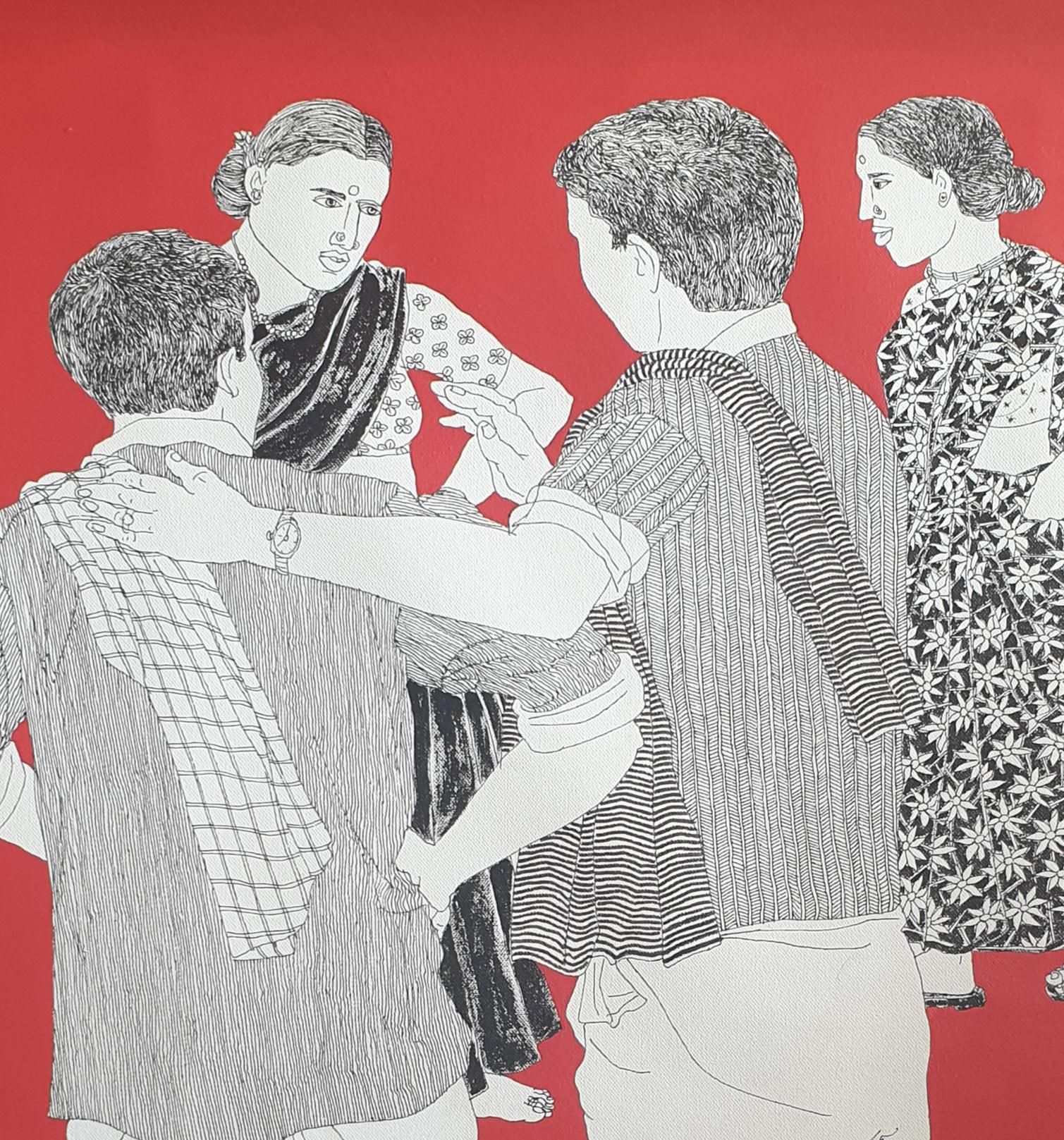 Telengana Men & Women, Gossip, Acrylic on Canvas, Red by Indian Artist