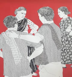 Telengana Men & Women, Gossip, Acrylic on Canvas, Red by Indian Artist"In Stock"
