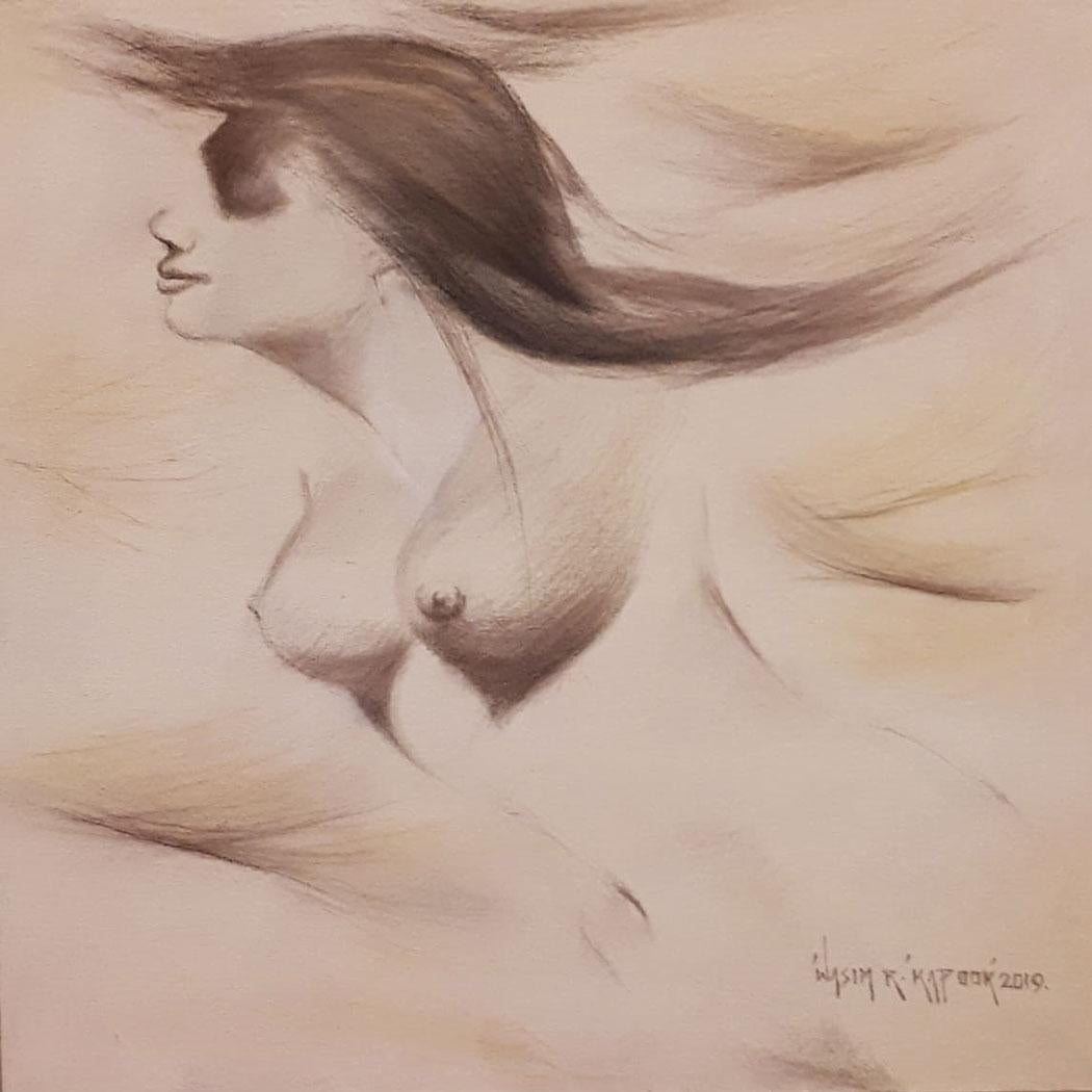 Nude Woman, Drawing, Conte on Canvas, Brown by Indian Artist 