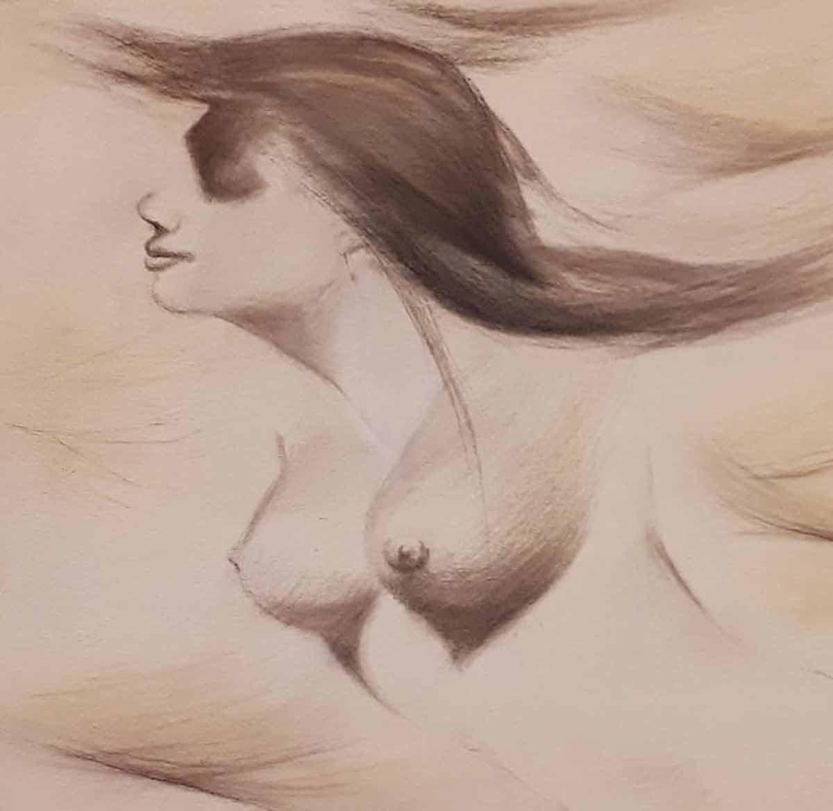 Femme nue, dessin, Conte sur toile, marron de l'artiste indienne « En stock » - Beige Nude Painting par Wasim Kapoor