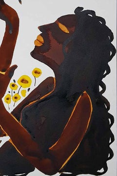 Lady playing with Yellow Butterfly, Watercolour & Ink on Paper, Brown "In Stock"