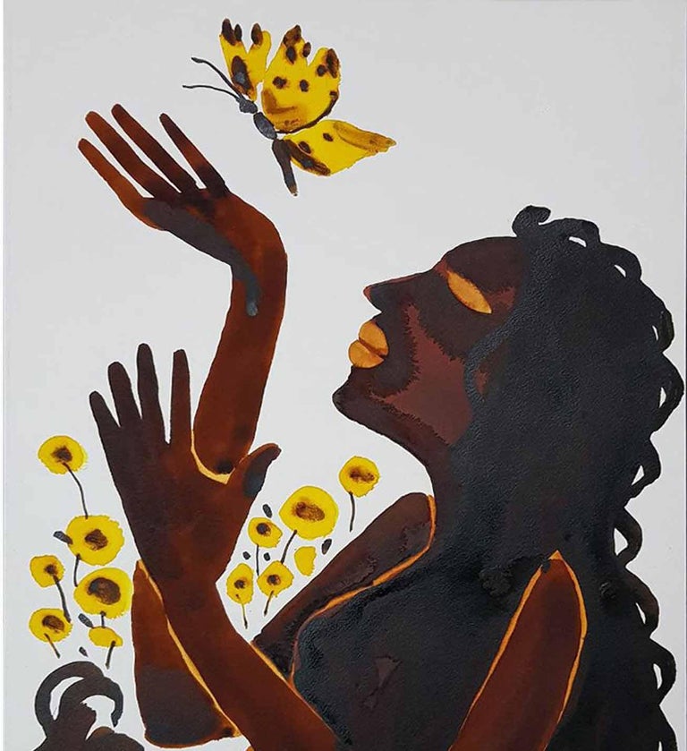 Lady playing with Yellow Butterfly, Watercolour & Ink on Paper, Brown 