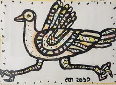Bird, Ink & Pastel on paper, Orange, Blue, Blue, Pink by Modern Artist"In Stock"