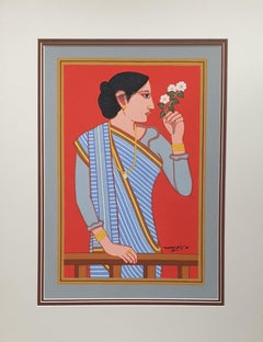 Bibi, Indian Woman, Tempera on Board, Blue, Red, Grey by Indian Artist"In Stock"