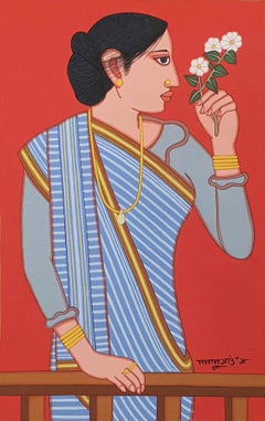 Bibi, Indian Woman, Tempera on Board, Blue, Red, Grey by Indian Artist"In Stock"