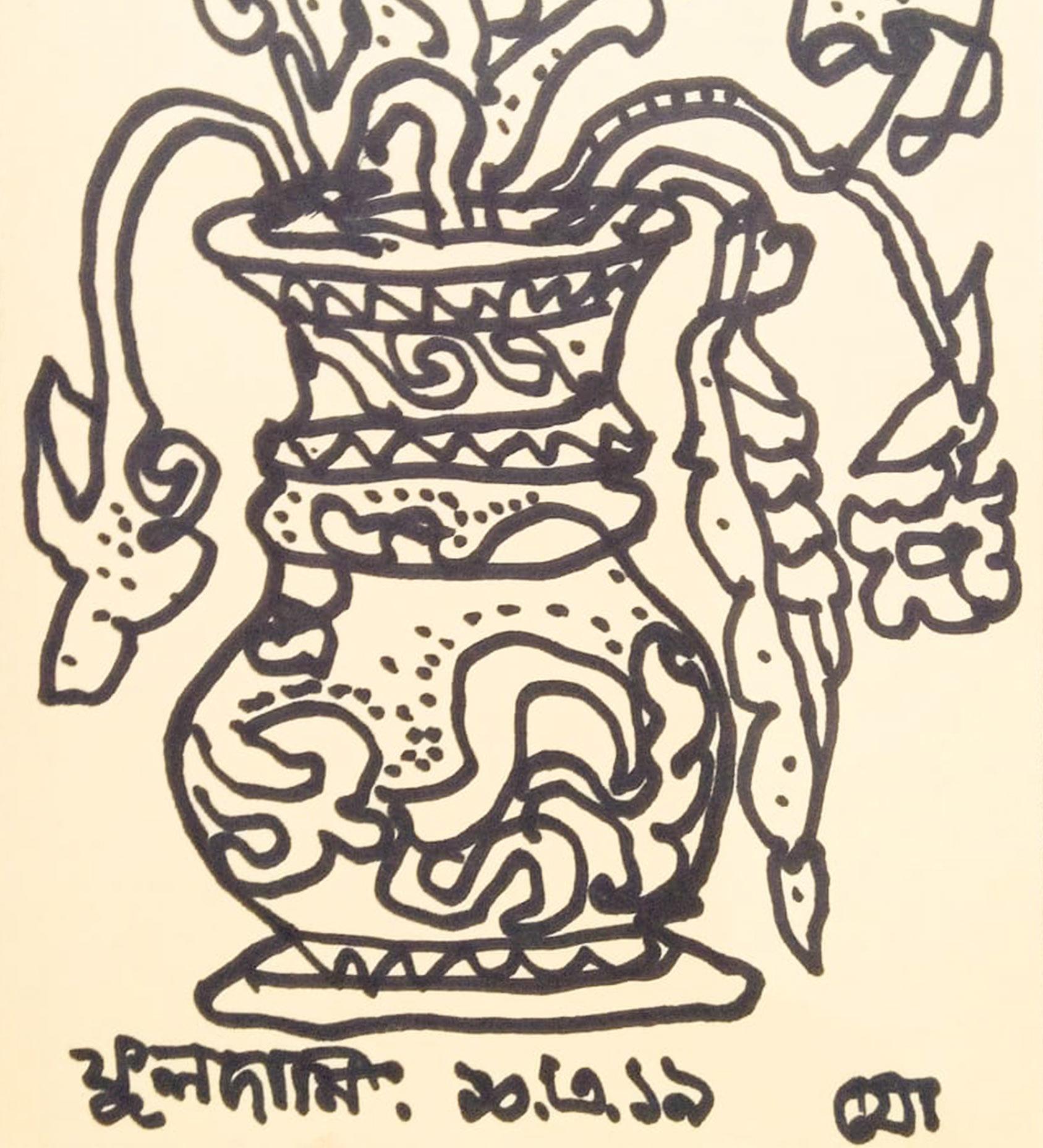 Flower Vase, Ink on Postcard, Drawings by Modern Indian Artist 