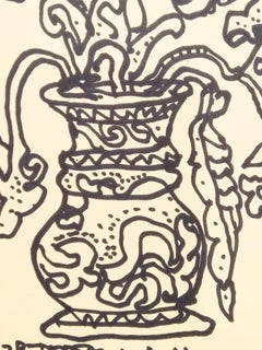 Flower Vase, Ink on Postcard, Drawings by Modern Indian Artist "In Stock"