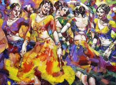 Dandia-Raas, Acrylic on Canvas, Blue, Red, Yellow by Indian Artist "In Stock"