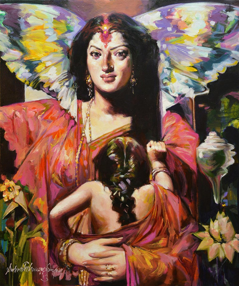 Subrata Gangopadhayay Interior Painting - Mother & Child Series, Acrylic on Canvas, Red, Brown by Indian Artist "In Stock"